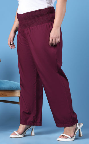 Women's Plus Size Wine Solid Color Woven Straight Fit Trouser