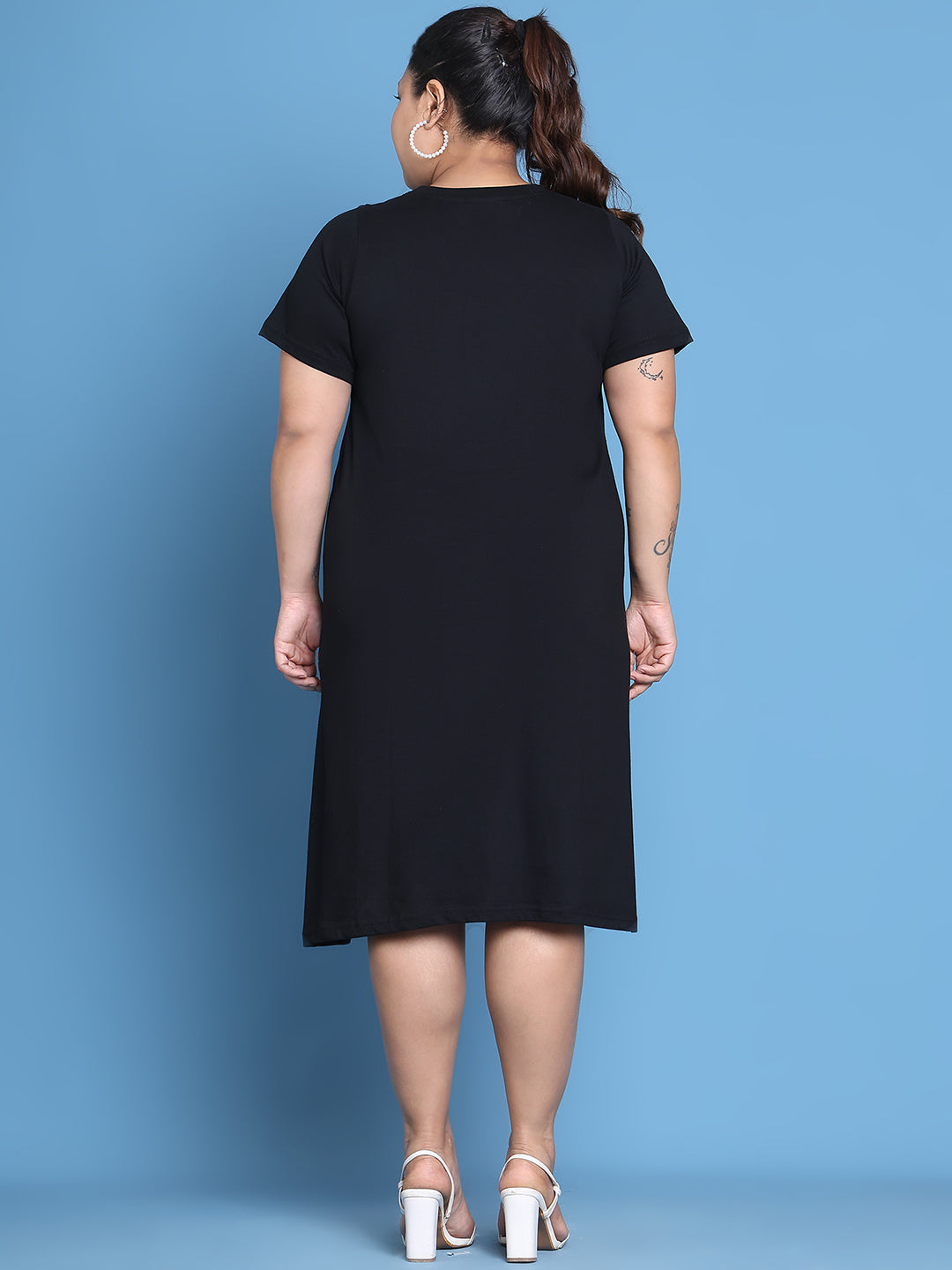 Women's Plus Size Black Solid Color Cotton Knitted A-Line Dress with attached rainbow tape on chest